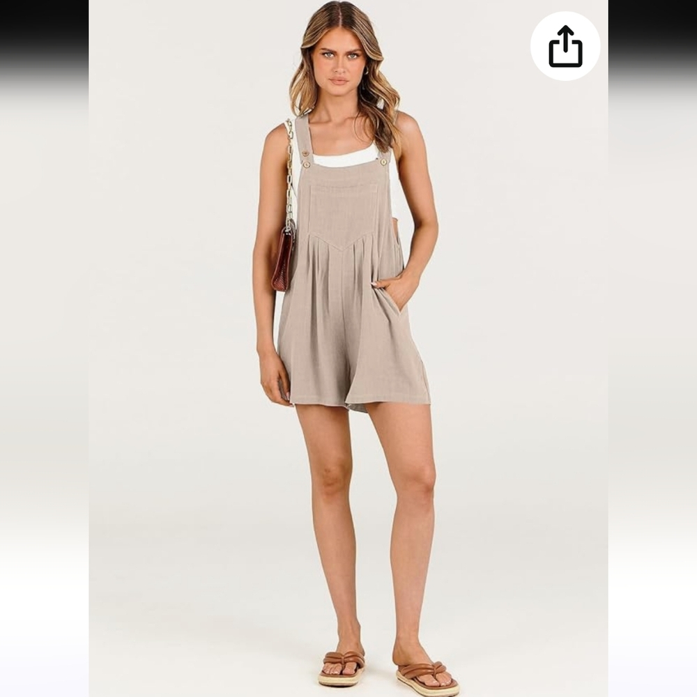 Women's Summer Casual Romper Bib Short Overalls Loose Linen Jumpsuit Beach Khaki - Picture 2 of 8